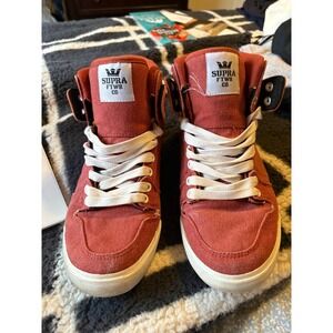 Supra Vaider Men 9.5 High Top Skate Shoes Red Canvas Sneakers Crown Logo FTWR CO